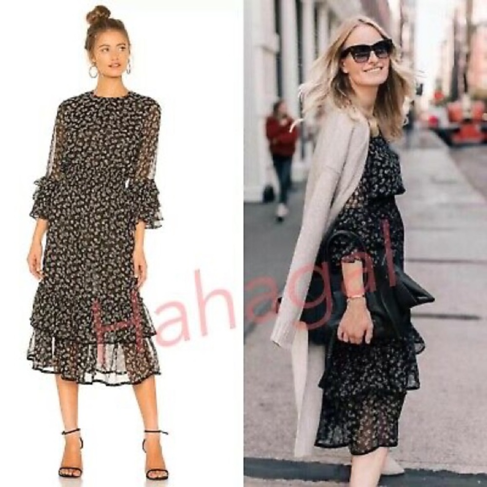 Black Floral Chiffon Midi Dress
